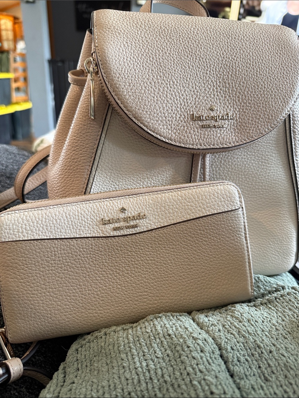 kate spade leather pebbled backpack in light taupe